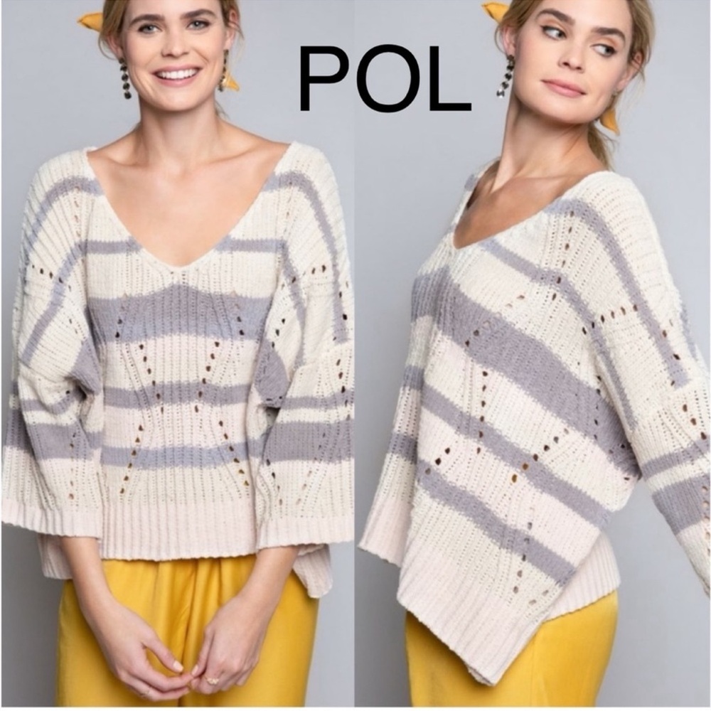 23. POL Pretty Chenille Cream and Gray V-neck Oversized Sweater - Picture 1 of 5
